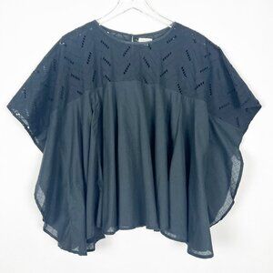 World Market Layla Blouse Womens One Size Black Windowpane Eyelet Peasant Top